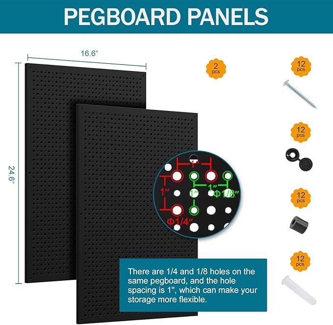 Pegboard kit with Accessories,Includes 2 Pack 16" X 24" Steel Peg Board and 120 PCS Varied Pegboard Accessories,can be Used f