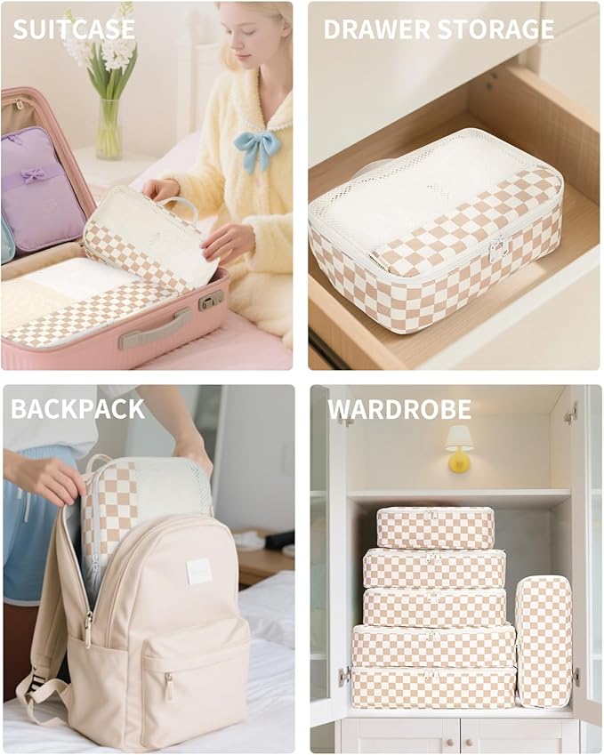 Narwey 7 Set Checkered Packing Cubes for Travel Carry on Suitcase Luggage Organizer Bags for Kids Women Men, Durable Packing 