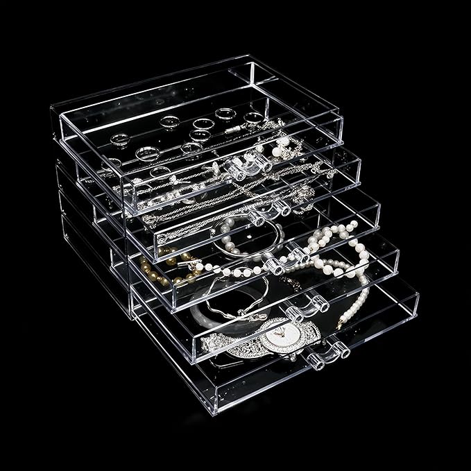 Clear Acrylic Jewelry Storage Box, Earring Jewelry Organizer with 5 Drawers, 5-Layer Jewelry Box for Women, Earring Display H