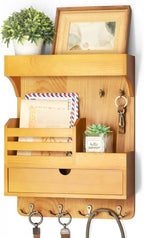 Modern Farmhouse Key Holder Wall Mount with Drawer Organizer – Pine Wooden Mail and Key Organizer with 6 Durable Hooks & Floa