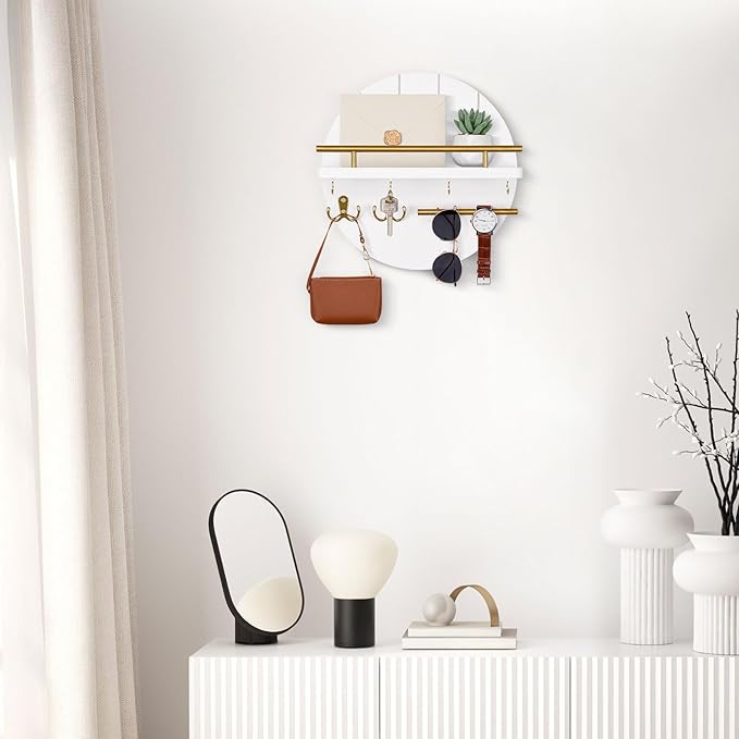Nekon Key Holder Wall Mount, 11.8 Inch Rack With Shelf and 6 Hooks, Rustic Mail Organizer, Circular Wooden Hanger for Entrywa