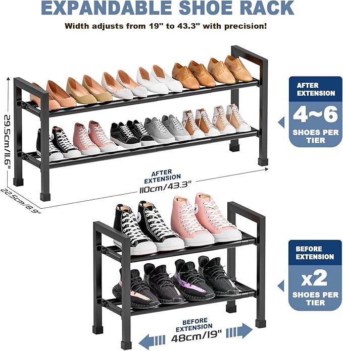 Mavivegue Expandable Shoe Rack, 2-Tier 19"-43.3" Adjustable Shoe Rack for Closet,Hall Entryway,Front Door,Garage, Sturdy Stee