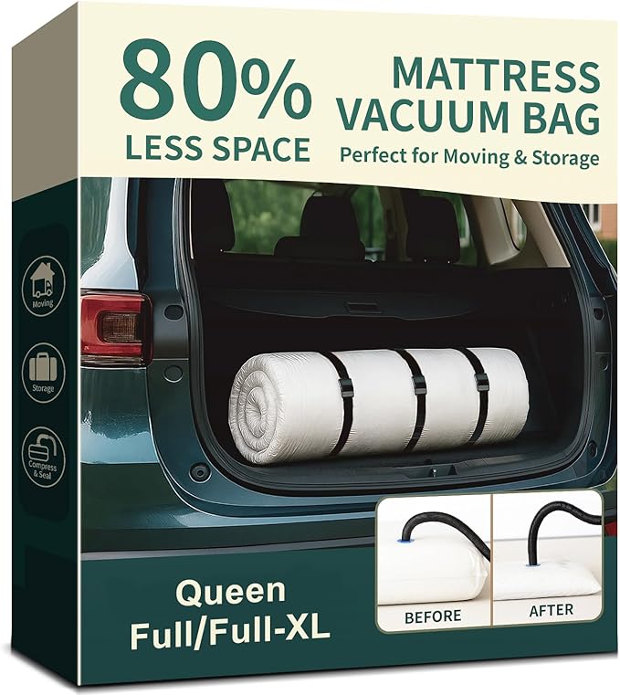 Mattress Vacuum Bag for Moving and Storage – Heavy Duty Compression Bag with Straps, Vacuum Bag for Memory Foam Mattress (Que