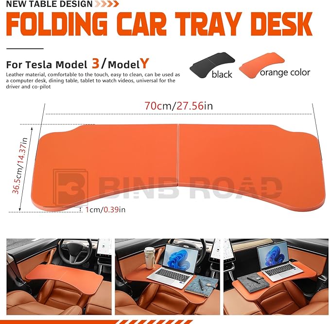 Leather Tray Table Folding Car Table Compatible with Tesla Model 3 Y – Multi-Use Dining Tray & Laptop Stand, Fits Front Driver & Passenger Seats,Orange