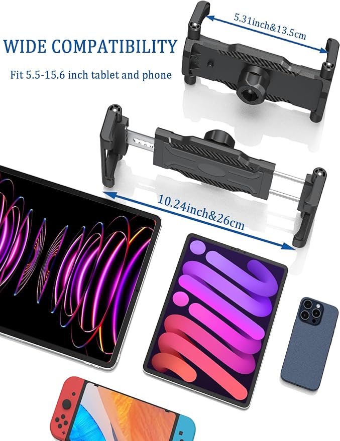 Headrest Tablet Holder for Tesla Model 3/Y/S/X [Up to 15.6"][Large Clamp] Road Trip Essentials, Backseat iPad Mount for Thick Cases, Fits 5.5-15.6" iPad Pro/Air/Mini, Galaxy Tab, Fire Tablets