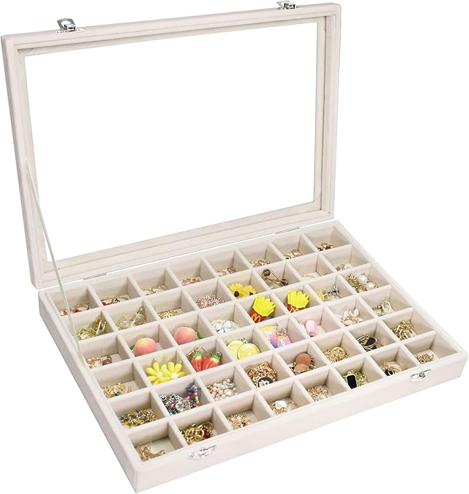 Vicoter Velvet Jewelry Tray 48 Compartments Jewelry Display Organizer with Transparent Cover Rings, Earrings, Necklaces, Pend