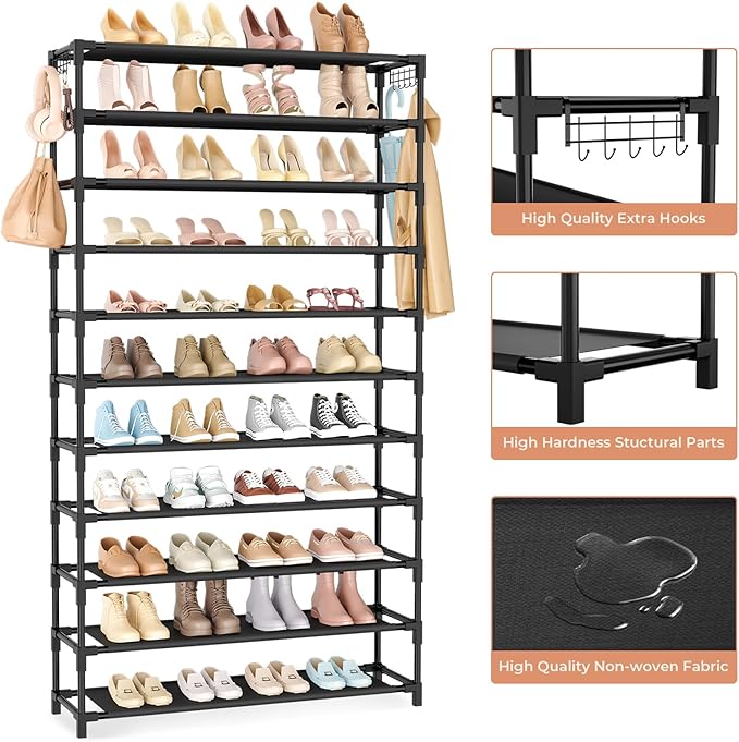 VILICK 11 Tiers Tall Wide Shoe Rack 55 Pairs Large Capacity Sturdy Durable Shoe Rack for Closet Metal Shoe Organizer Shelf wi
