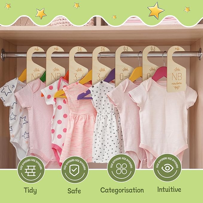 16Pcs Adorable Wooden Baby Closet Dividers, Double-Sided Clothes Size Organizer with Labels from Newborn to 24 Months, Cute N