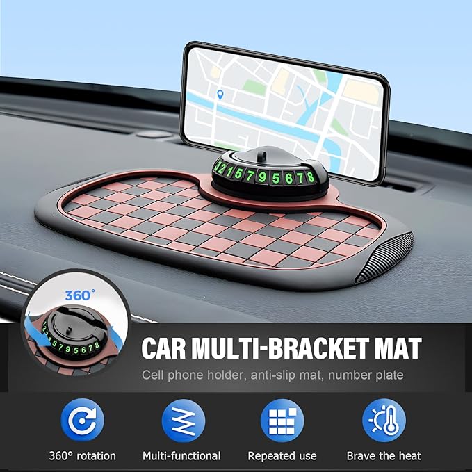 Multifunction Car Anti-Slip Mat,360° Rotatable Phone Holder Dashboard Pad with Hidden Parking Number Plate PVC Grid Style Mat