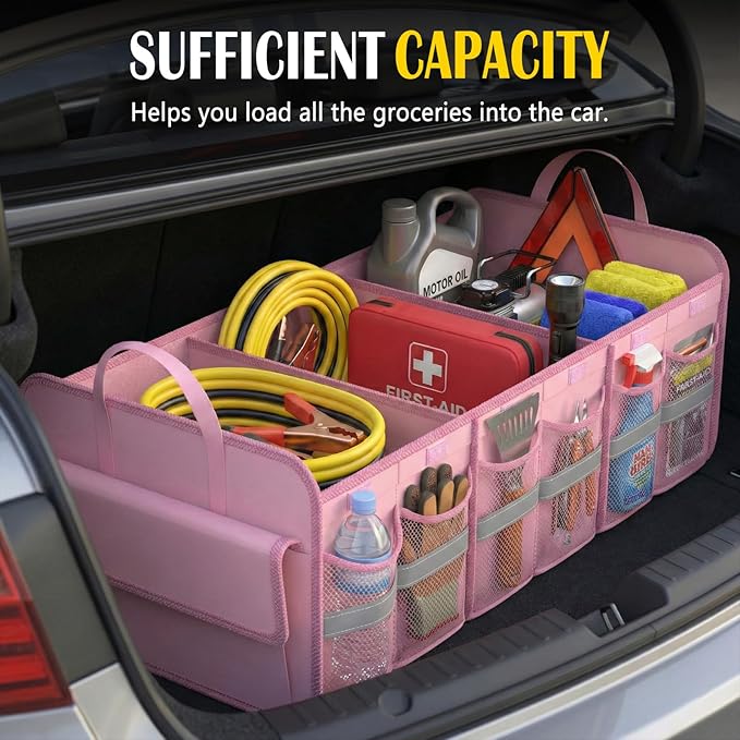 Trunk Organizer for SUV, Large trunk organizer for car, Collapsible Multi-Compartment Car Trunk Organizer, Sturdy Cargo Trunk