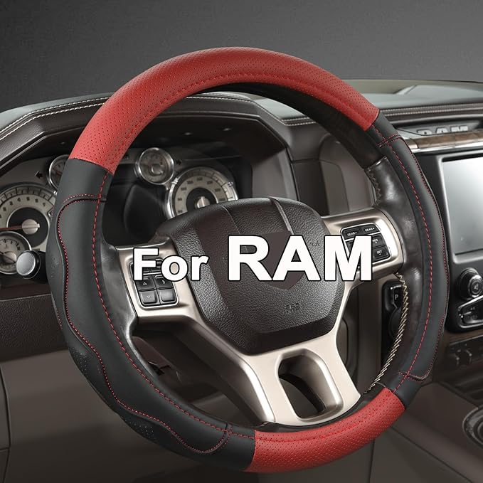 West Llama Customized Auto Car Steering Wheel Cover with 3D Texture for Dodge RAM 1500 2500 3500, 15.5-16 inch (Black+Red-Lar