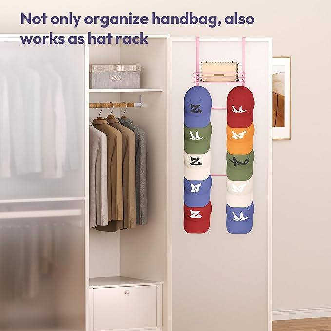 SWTYMIKI Over The Door Purse Organizer - Wall Mounted Handbag Organizer with 10 Hooks and Metal Basket, Hanging Purse Storage