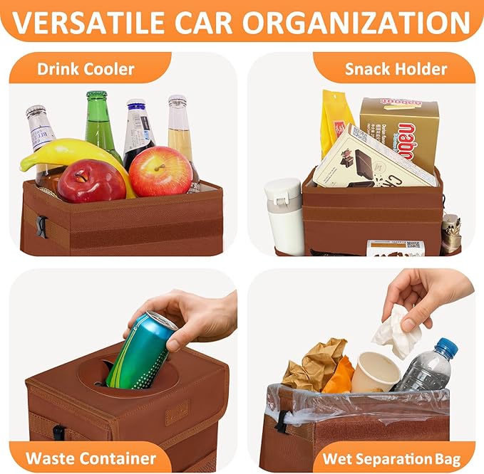 Car Trash Can, Brown, 2.2 Gallons Capacity, Waterproof, Polyester Material, Adjustable Strap, Hanging Design, Leakproof Lining, 100% PEVA Thickness