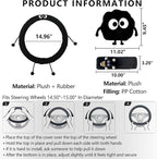 Car Headrest Pillow & Steering Wheel Cover Set with Cute Big-Eyed Furball Travel Neck Support Pillow Fur Car Interior Accessory (Black 5Pcs Set)