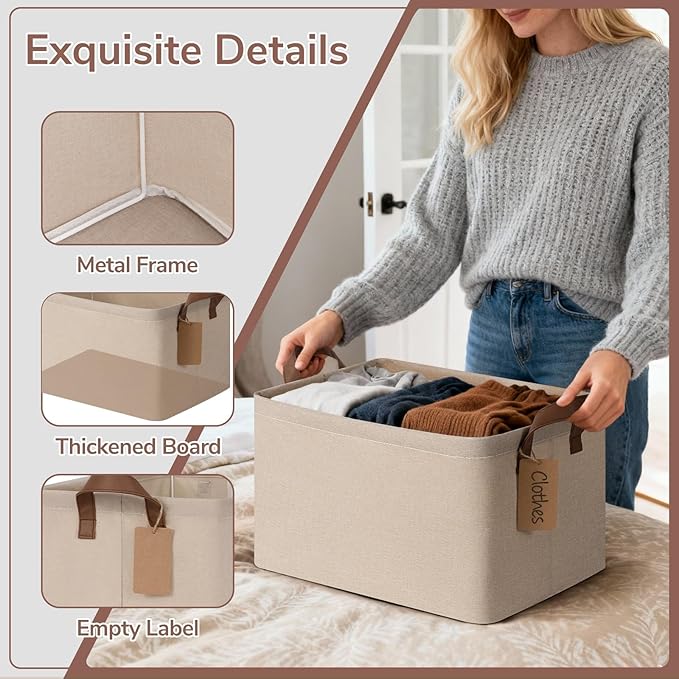 CHICVITA 4 Pack Large Storage Baskets for Shelves, Collapsible Towels Organizer Bins with Metal Frame, Closet Organizers and 