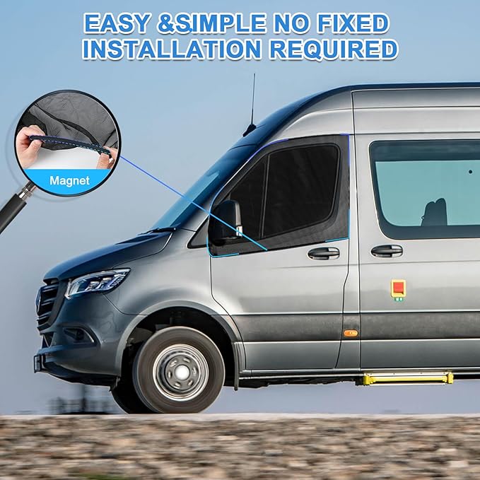 Double Layers Side Window Sunshade Magnetic Bug Screen for Front Doors, Pair Universal Size for Promaster, Sprinter, Metris, and Other Van
