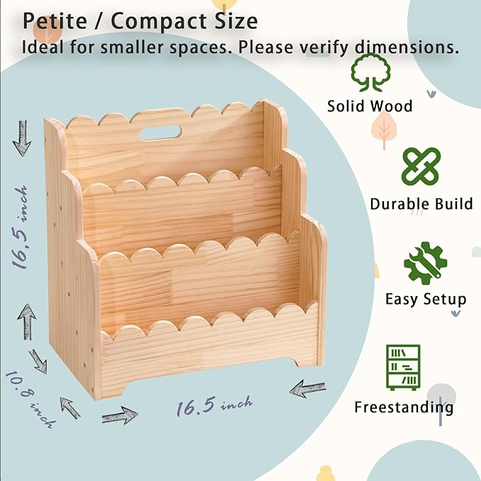 Kids Bookshelf Storage 3-Tier, Book Case for Kids Rooms, Scalloped Wooden Montessori Bookcase for Toddlers & Baby, Small Nurs