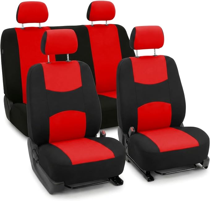 FH Group Bright Flat Cloth Full Set Automotive Seat Covers Front Set and Rear Solid Bench Red Black Seat Covers w. Gift Unive