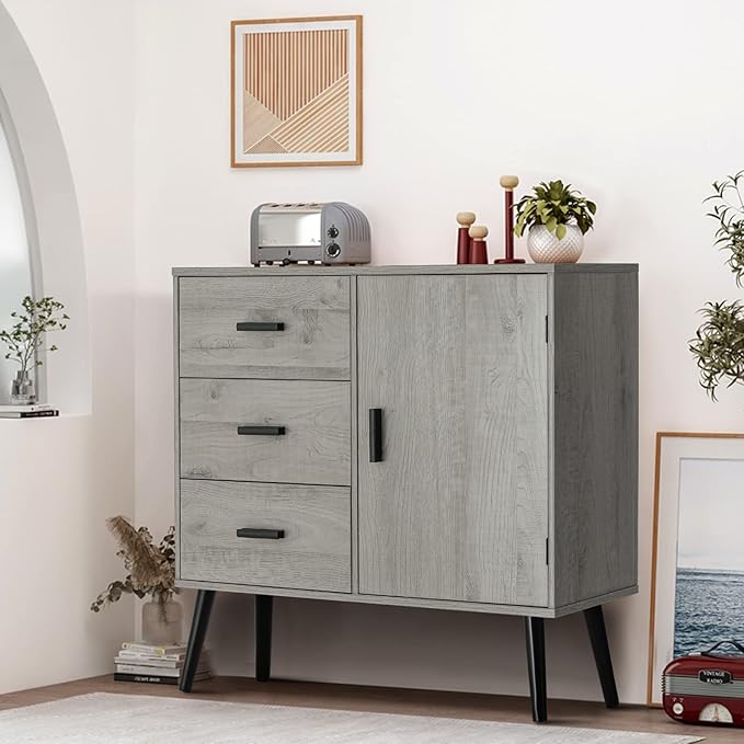 Iwell Storage Cabinet with 3 Drawers & Adjustable Shelf, Sideboard Buffet Cabinet, Small Freestanding Floor Storage Unit, for