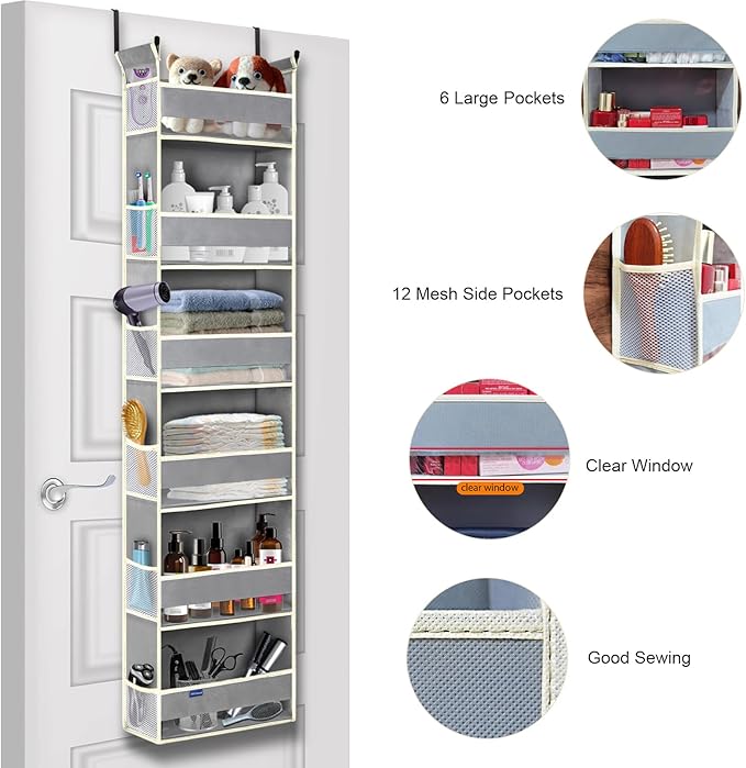 Over The Door Organizer 6-Shelves and 12 Side Pockets, Over The Door Storage for Bathroom Bedroom Nursery, Hanging Door Organ
