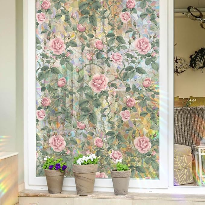 JOONOR Retro Pink Rose Flowers Window Privacy Film,3D Stained Glass Rose Rainbow Window Decals,Non-Adhesive Static Cling Sticker for Home Office,16.93 x 39.37 Inch