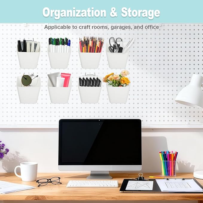 8 Pack Large Pegboard Bins with Hooks, Square Box Shape Peg Board Cups and Peg Board Accessories for Craft Room, Playroom, Of