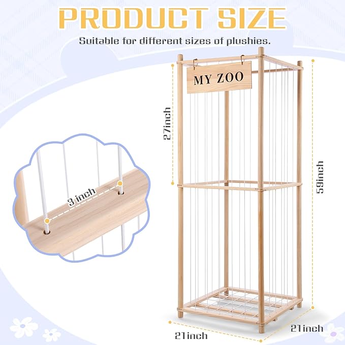 GLDZI Stuffed Animal Storage Zoo, Wooden Stuffed Animal Organizer with Elastic Cords for Boys Girls, Space Saving Toy Plushie