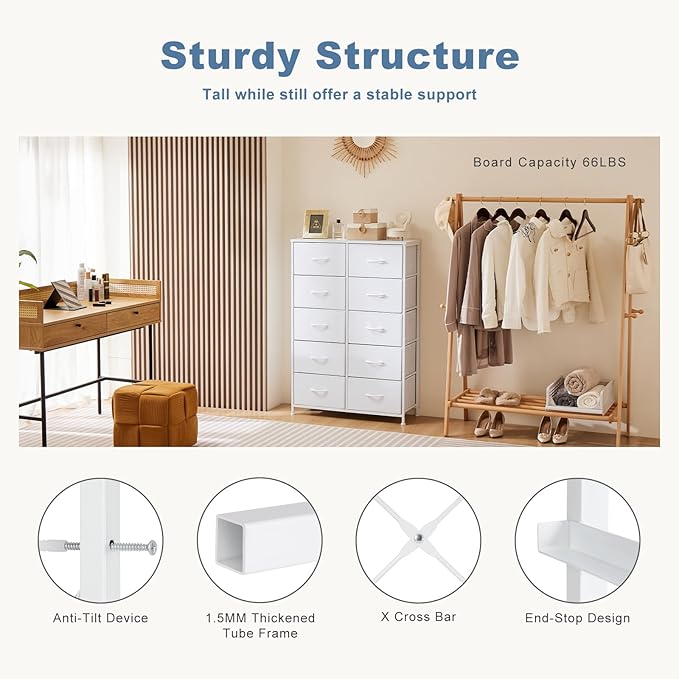 DUMOS Dresser for Bedroom, 10 Storage Drawers, Wide Fabric Closet Chests Organizer Tower Furniture with Wooden Top Metal Fram