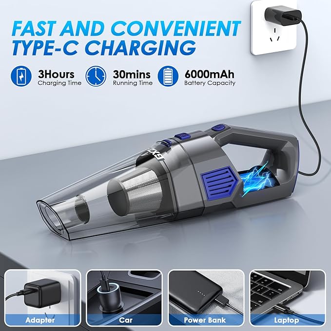 Handheld Vacuum Cordless, 15000PA Strong Suction Hand Held Car Vacuum Cleaner Rechargeable, Portable Hand Vacuum with Multi-N