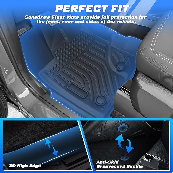 Sunsdrew Floor Mats for 2019-2023 Ford Ranger SuperCrew Accessories, All Weather Car Mats 2 Rows Floor Liners TPE Rubber Raised Edge