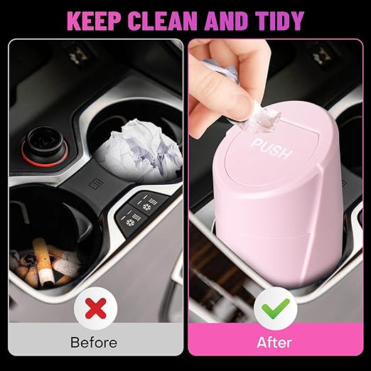 Car Trash Can Bin with Lid - 2 Packs Car Garbage Can Cup Holder - Pink Mini Leakproof Vehicle Garbage Bin with 40pcs Trash Bags-Automobile Organizers and Storage for Front Back Seat Accessories
