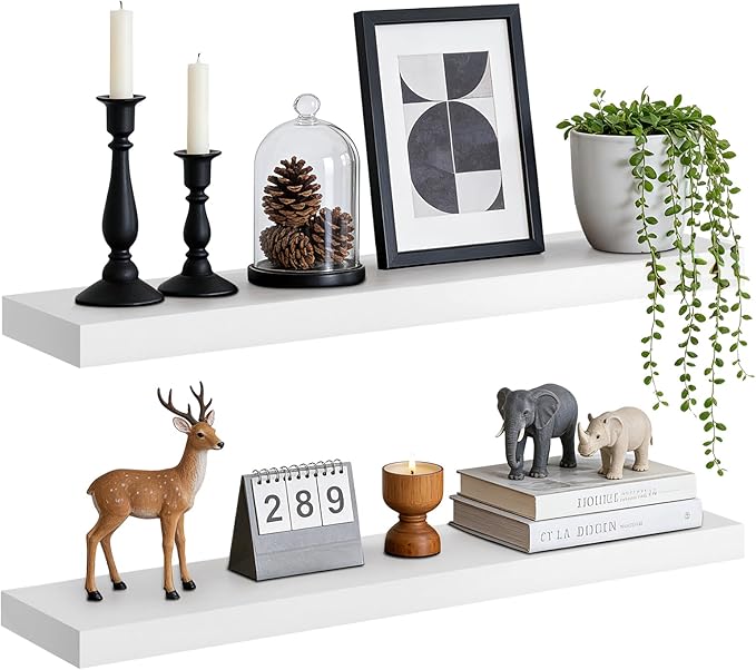 Floating Wall Shelves 30x6.8x1.7 Inch – Solid Wood Rustic Shelves in White Finish – Wall Mounted Heavy Duty Display Shelf for