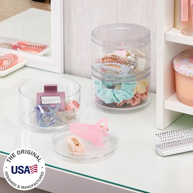 STORi Bella Stackable Clear Plastic Container (Set of 3) Round Vanity Storage Organizers with Lids for Hair Accessories & Bea