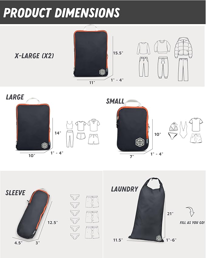 TRIPPED XL Compression Packing Cubes — 7-Piece Set for Checked Luggage | Extra-Large (15.7"×11"×4") + Large + Small + Tube + 