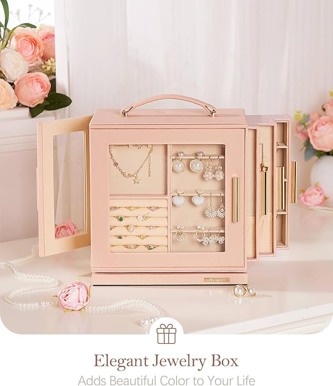 Homde Jewelry Box 360° Rotating, Necklace Earring Organizer with Transparent Window, Mirror, 7 Drawers, Large Ring Display St