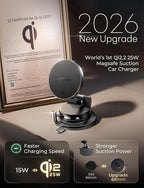 LISEN Qi2.2 25W Magsafe Car Mount Charger,[More Stable & Faster Charging] Suction Cup Phone Mount, Wireless Car Charger 25W for iPhone 17 16 Samsung Galaxy S26 Ultra,15W for iPhone 17e 15 14 13 12