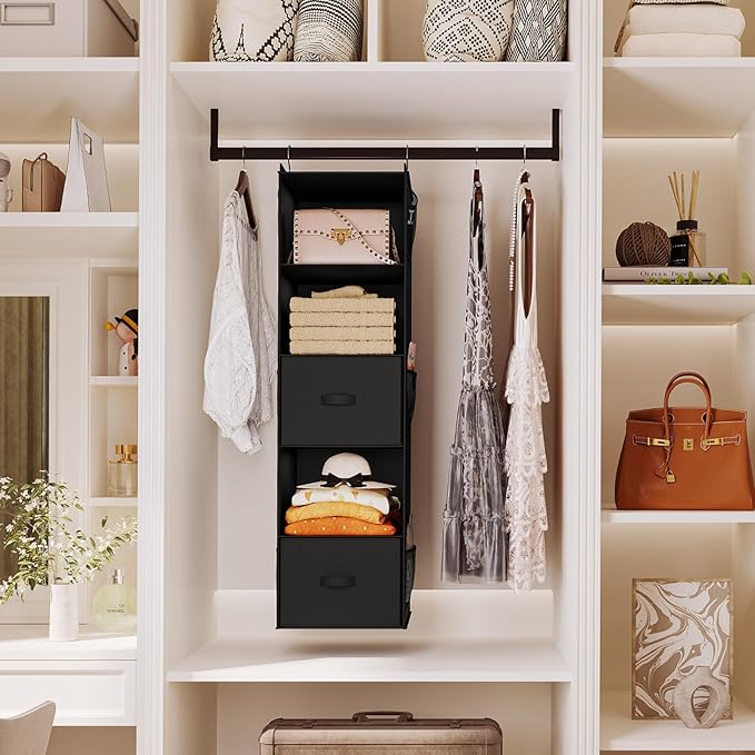 YOUDENOVA Hanging Closet Organizer, 5 Tier Hanging Closet Shelves with 6 Side Pockets and 2 Drawers, Black