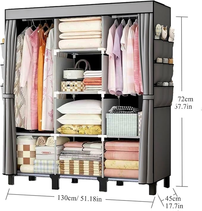 Portable Wardrobe, Easy Hanging Closet 6 Side Pockets Large Capacity Clothes Organizer Comes with 2 Hanging Poles and Shelves