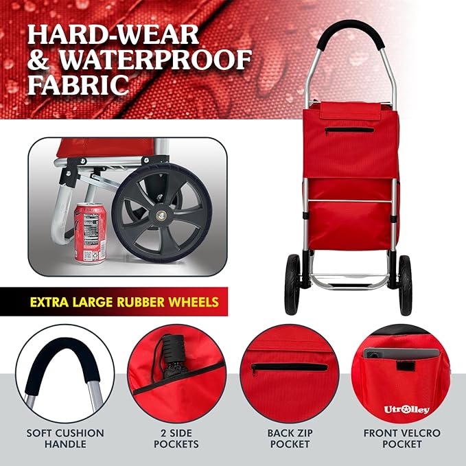 Ultra-Lightweight Red Foldable Shopping Cart for Groceries Large 42L Capacity Rubber Wheels, Removable Insulated Bag Liner, Durable Aluminum Frame, Multi-Function Personal Hand Truck
