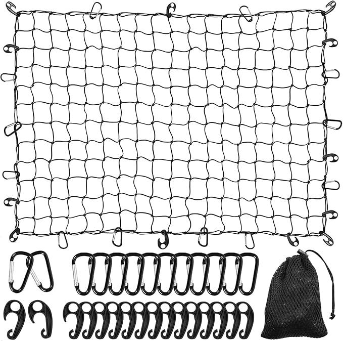 WSSROGY 4' x 6' Cargo Net Stretches to 6' x 12', Heavy Duty Cargo Netting for Pickup Truck Bed, Roof Rack Net with Hooks Carabiners