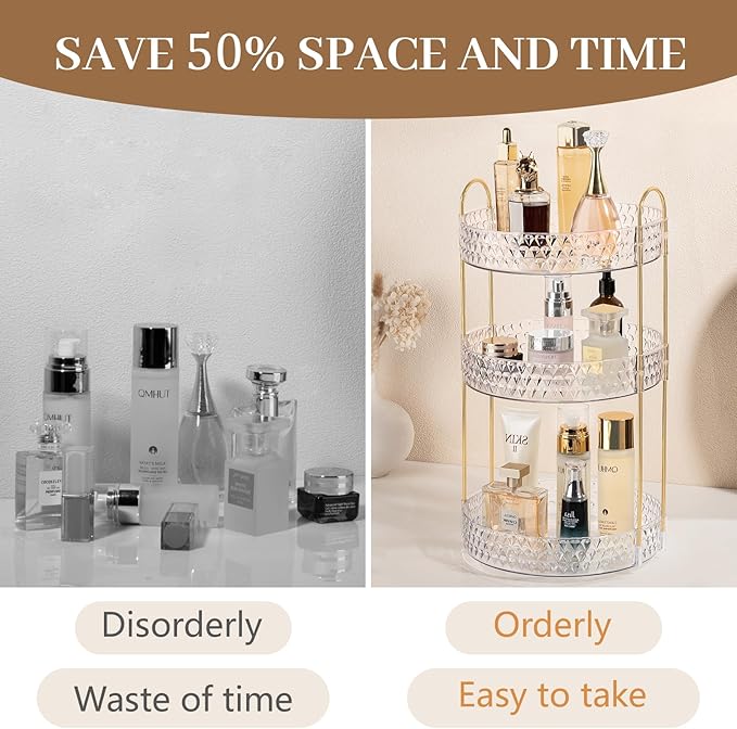 Rotating Makeup Organizer for Vanity, 3 Tier Perfume Skincare Storage for Women, Bathroom Counter Organizer, 360 Spinning Cos