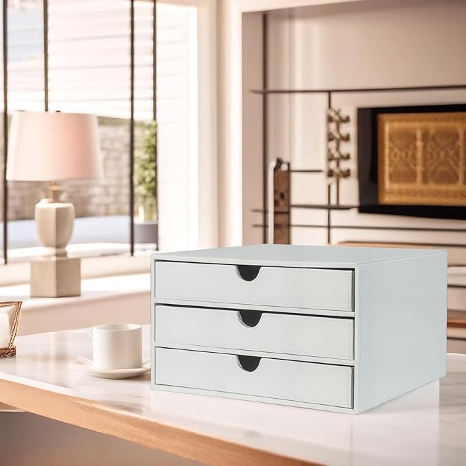UnionBasic Document Organizer, 3-Drawer File Cabinet Document Storage Box, Office Desktop Filing Organizer, Croco White
