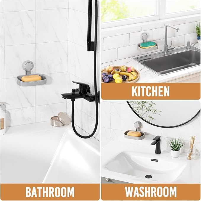 LEVERLOC Soap Dish Holder for Shower Suction Cup Wall Mounted Self Draining NO-Drilling Removable Bar Soap Sponge Holder for 