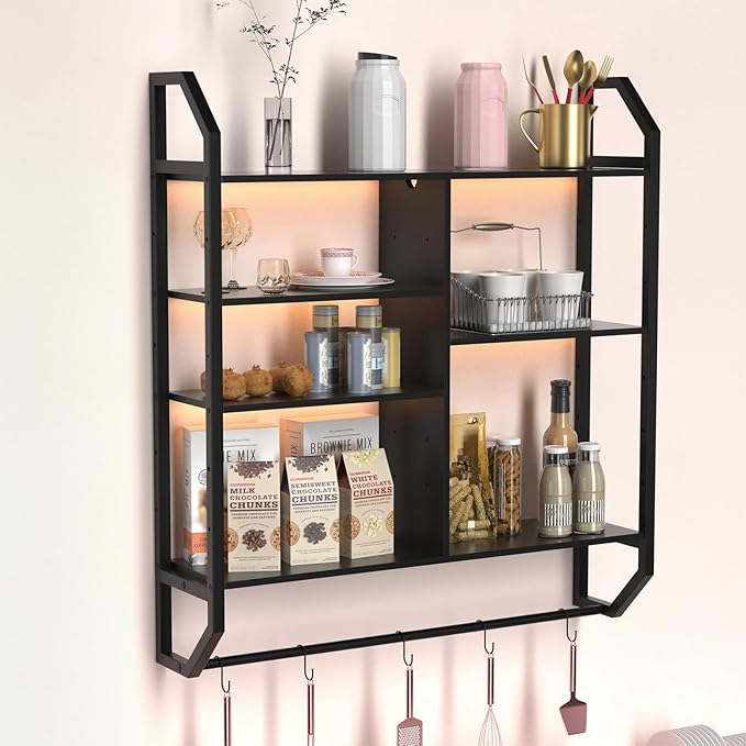 FAHKNS Gaming Floating Shelves, 35" Large LED Wall Shelves with Adjustable Tier, Wall Mounted Bookshelf with Hanging Pipe & 6