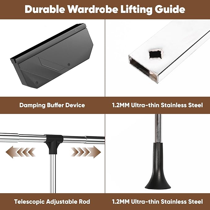 Pull Down Closet Rod, 60 lbs Load Capacity Adjustable 26-35 Inches Stainless Steel Soft-Close Wardrobe Lift with Two-way Buff