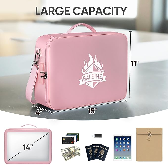 BALEINE Fireproof Document Box with Lock, Portable Fireproof Document Bag Waterproof Fire Proof File Boxes for Documents, Fil