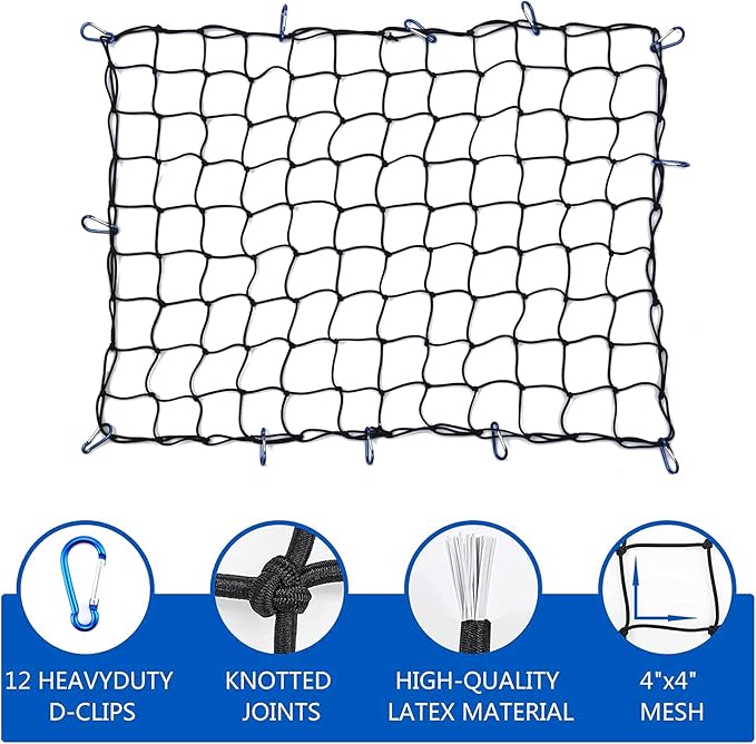 Amiss 3' x4' Stretches to 6' x 8' Truck Cargo Net, Roof Rack Cargo Net for Pickup Trucks SUV, Heavy Duty Truck Bed Cargo Bungee Net with 12 Blue Clips and Storage Bag， Car Exterior Accessories