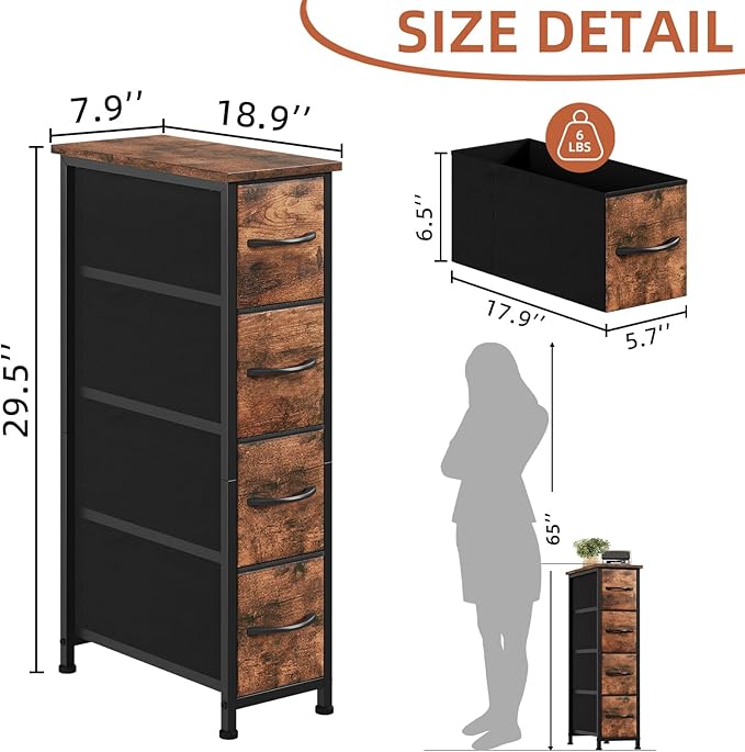Somdot Narrow Dresser with 4 Drawers, Slim Storage Organizer Chest of Drawers with Removable Fabric Drawers for Small Spaces 