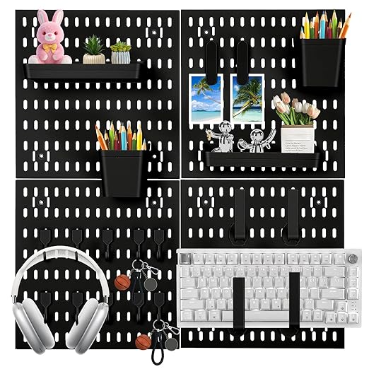 24 Pcs Wall Mount Peg Board Organizer Kits, Black DIY Pegboard Panels with 20 Accessories (Hooks, Clips, Bins, Shelves), Wall