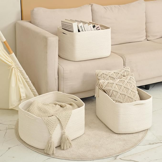 ICERZCZ Large Storage Baskets for Organizing Shelves, Woven Cotton Rope Bins for Baby Nursery Organization, Book Toy Towel Or